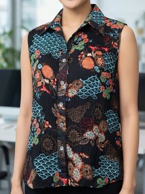 Sere Nade Floral Plisse Sleeveless Button-Down Blouse Art To Wear Boho Top L EUC